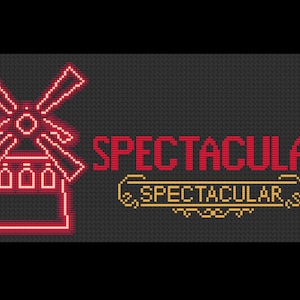 May include: A red pixelated windmill with the word "SPECTACULAR" in red text and a gold banner with the same text below it.