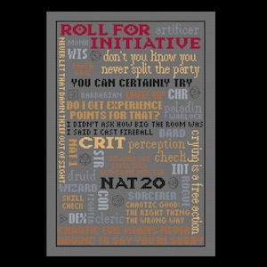 Pode incluir: Um fundo cinza com texto branco, preto, vermelho, laranja e amarelo. O texto é uma coleção de frases e palavras relacionadas a Dungeons and Dragons, incluindo "Roll for Initiative", "Crit", "Nat 20", "Você não sabe que nunca se divide a festa?" e "Chorar é uma ação gratuita".