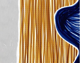 Abstract Indigo and Golden Orange Print: Linear Geometric Art