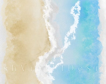 Coastal Beach Print: Beige Sand, Blue Ocean Waves