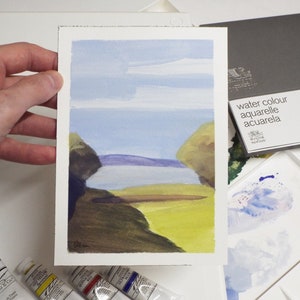 Texas Lake Landscape Original Painting, 5x7 Small Painting, Gouache on Watercolor Paper, Blue Green Peaceful, office lobby den, Dallas