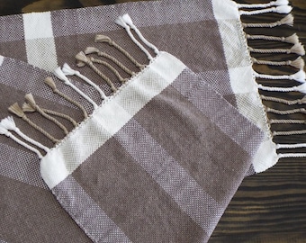 Hand Woven Checked Table Runner: Brown, Tan, and Cream (12x51 inches)