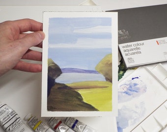 Texas Lake Gouache Painting: Original Landscape Art (5x7 inch)