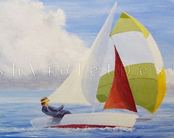 May include: A painting of a sailboat with a red, white, and green sail. The sailboat is on a blue body of water with a blue sky and white clouds in the background. A person in a blue shirt and a yellow hat is steering the boat.