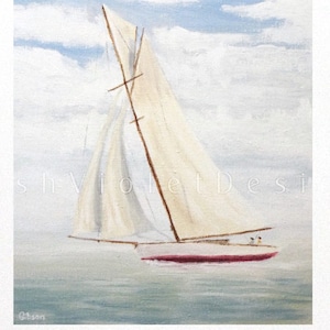 May include: A painting of a sailboat on the water under a cloudy sky. The boat has a white sail and a red hull. The artwork is displayed on a white paper, held by black binder clips.