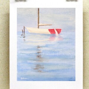 May include: A painting of a white sailboat with a red stripe on the hull, anchored in calm blue water. The sky is a pale blue, and the water reflects the light.