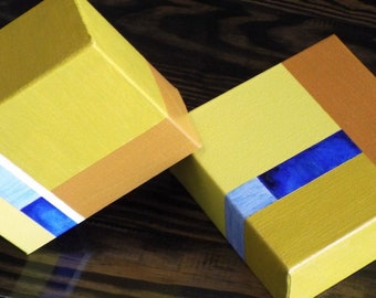 Geometric Acrylic Painting on Canvas (2 Piece Set): Yellow, Orange, and Blue Accent Art