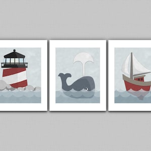 Nautical Nursery Art, Sailing Art, Sailboat Art, Whale Art, Lighthouse Art, Playroom Decor, Large Print Set, Nautical Theme, Red Blue