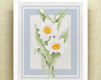 Jonquil Floral Art Print: Soft Blue Border Still Life