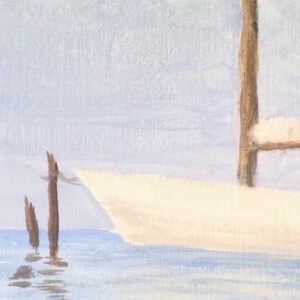May include: A painting of a white boat docked at a pier with two wooden posts in the water. The sky is a light blue and the water is a light blue with white highlights.