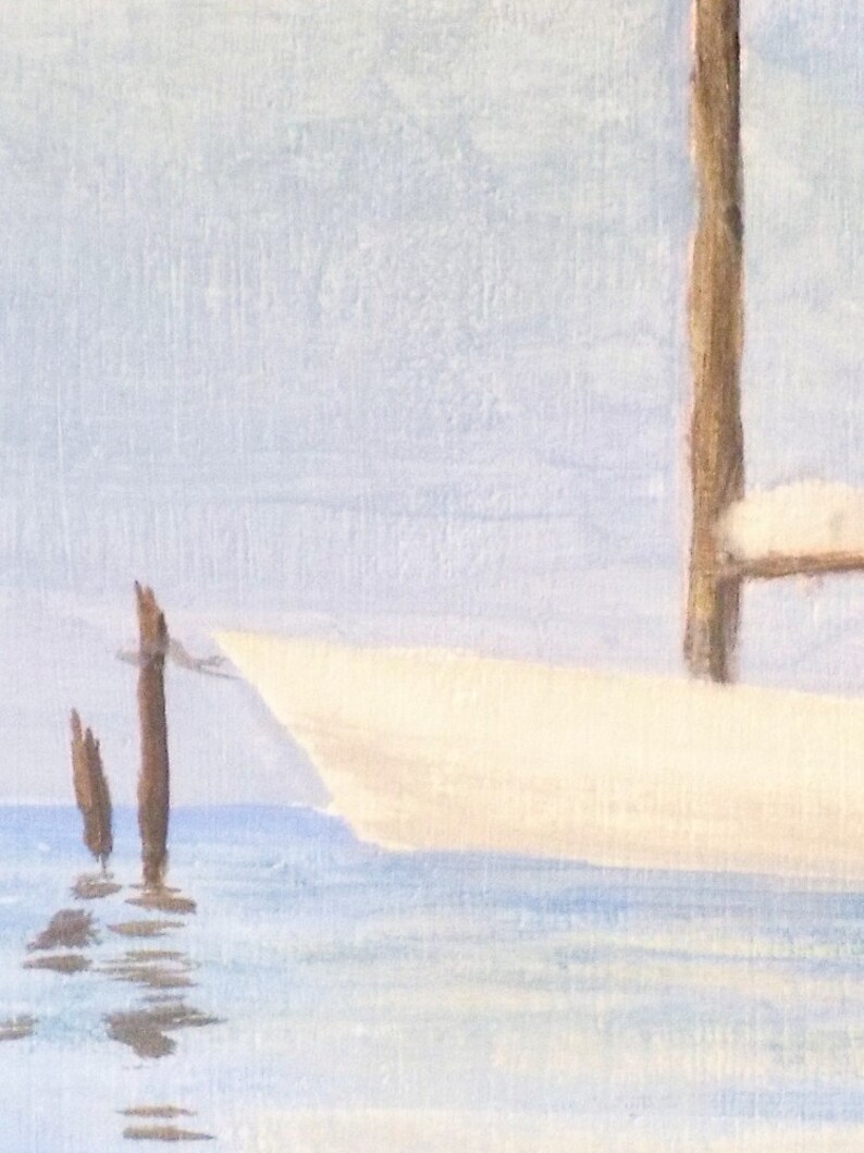 May include: A painting of a white boat docked at a pier with two wooden posts in the water. The sky is a light blue and the water is a light blue with white highlights.