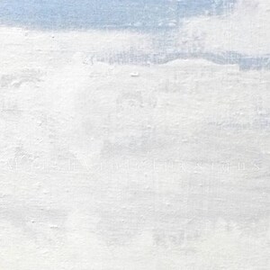 May include: Abstract art piece with a textured, white surface and patches of light blue, resembling a cloudy sky. The artwork has a rough, painted appearance, with the text "MarshVioletDesigns" subtly visible.