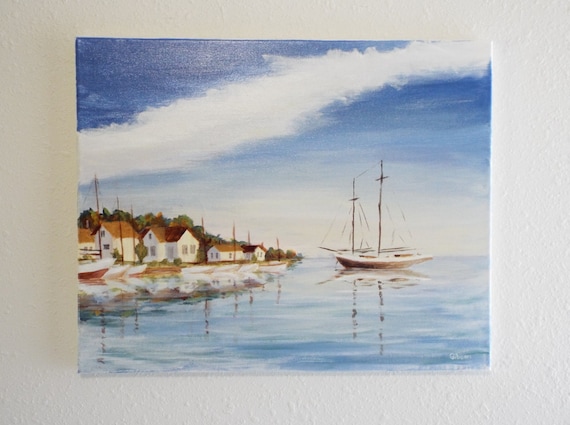 Original Sailboat Painting on Canvas: Acrylic Nautical Coastal Decor (16x20 inch)