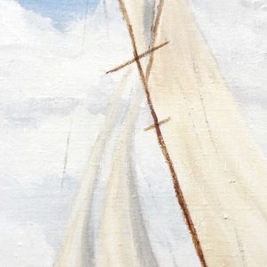May include: An abstract painting of a sailboat with a white sail and brown mast against a cloudy sky. The artwork has a textured, painted appearance, with soft blues and whites dominating the color palette. The sail is partially visible, suggesting movement.