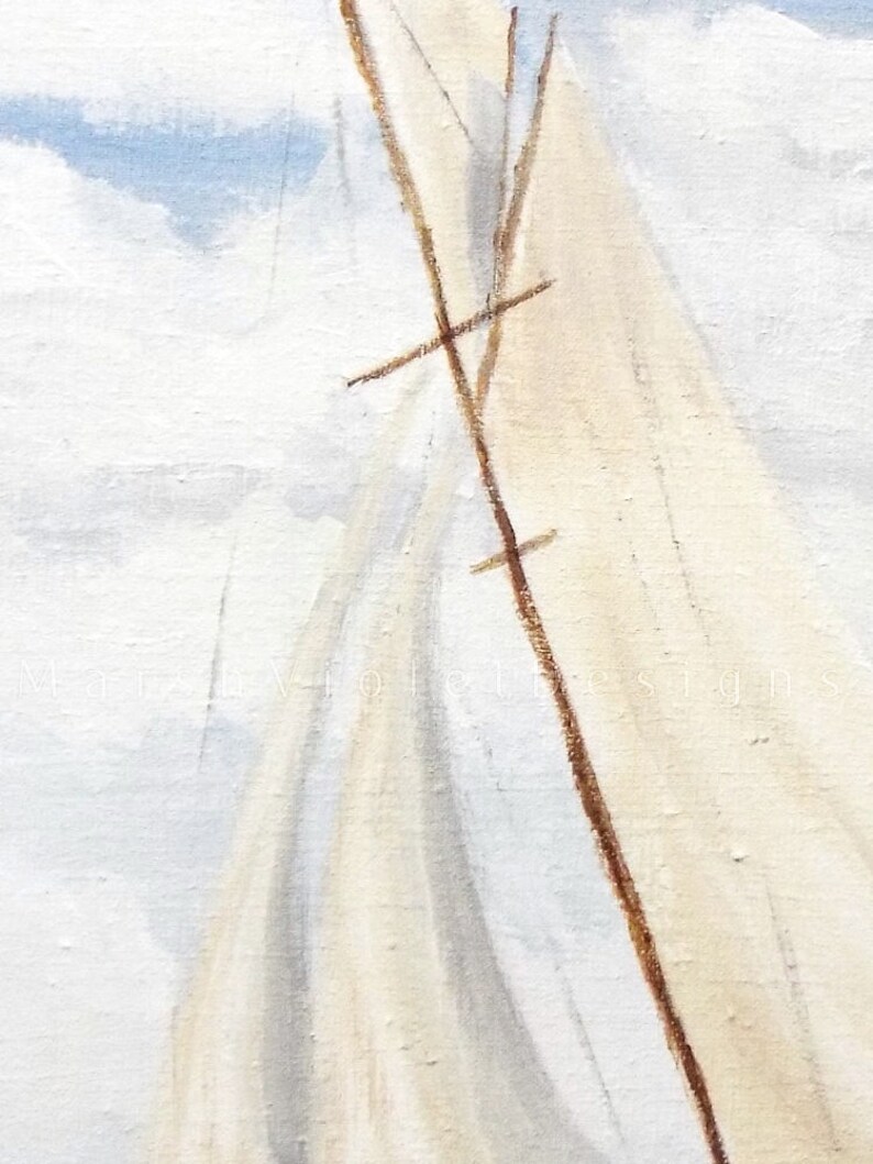 May include: An abstract painting of a sailboat with a white sail and brown mast against a cloudy sky. The artwork has a textured, painted appearance, with soft blues and whites dominating the color palette. The sail is partially visible, suggesting movement.