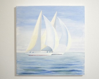 Nautical Sailboat Painting on Canvas: Original Acrylic Painting Coastal Decor, (18x18 inches)