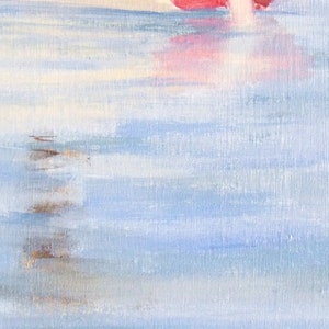 May include: A painting of a red sailboat on a blue and white water surface. The sailboat is in the upper right corner of the image. The water is painted with horizontal brushstrokes.