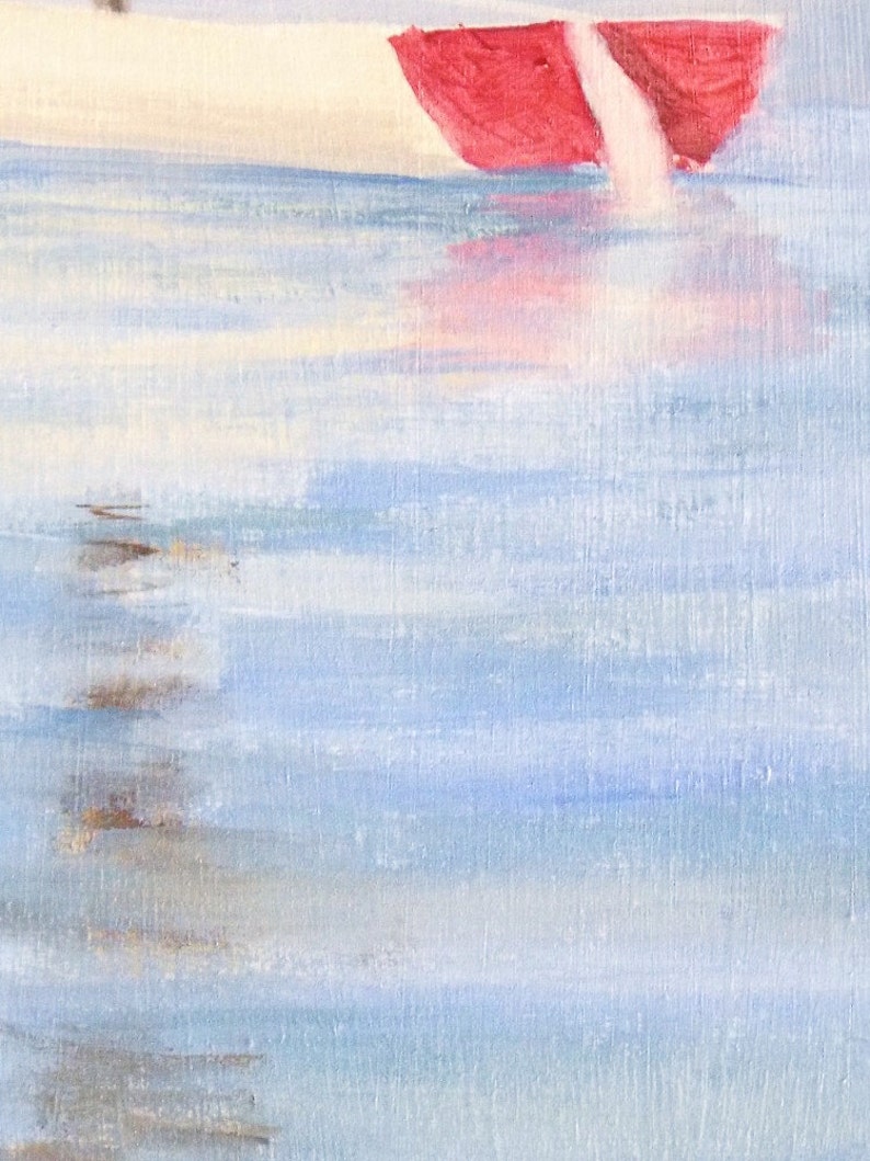 May include: A painting of a red sailboat on a blue and white water surface. The sailboat is in the upper right corner of the image. The water is painted with horizontal brushstrokes.