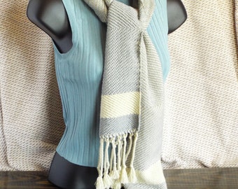 Handwoven Twill Scarf: Gray and Beige Stripe, Twisted Fringe
