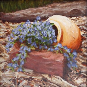 Lobelia Floral Painting on Hardboard: Rustic Garden Art in Pine Frame (12x12 inches)