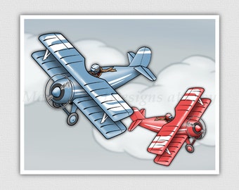 Airplane decor kids room art, red and blue airplanes 8x10, 11x14, or 13x16 inch print, airplane art, kids airplane theme