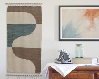 Hand woven wall hanging, brown white and green, 16.5 x 32 inches