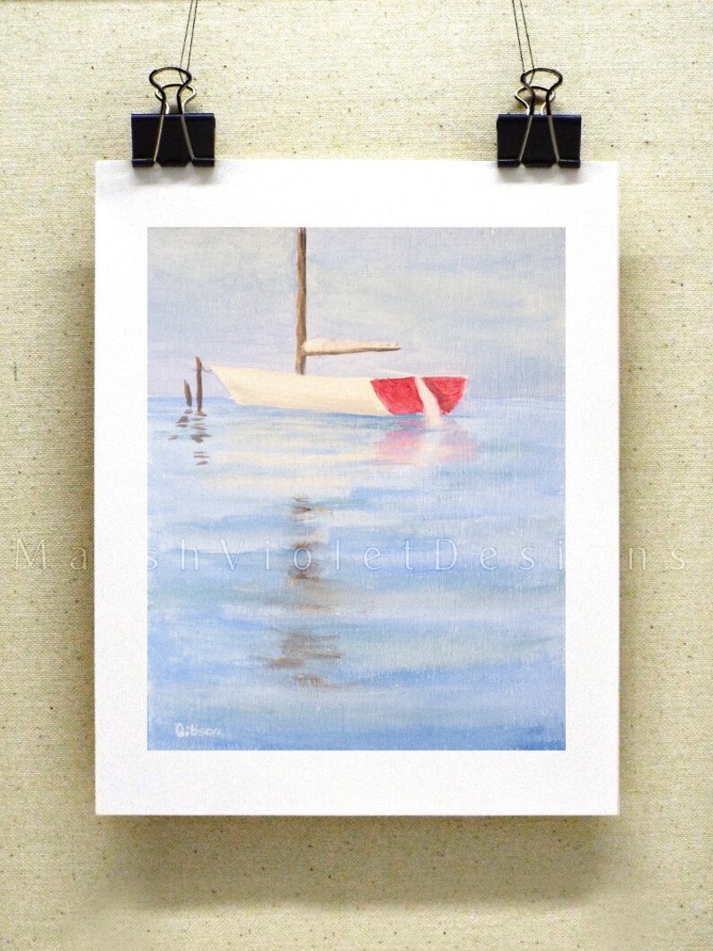 May include: A painting of a white sailboat with a red stripe on the hull, anchored in calm blue water. The sky is a pale blue, and the water reflects the light.