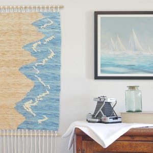 Wall Hangings, Beach Coastal, Sand Waves, Beige Blues, Hand Woven, Living Dining, Bedroom Office, 16x30 inches, Beach House, Ocean Sea