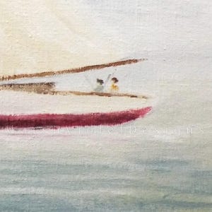 May include: An abstract painting of a sailboat on the water. The boat has a red hull and a white sail. Two figures are visible on the deck. The water is a light blue, and the sky is a pale white. The artist's name, "Marsh Violet Designs", is visible in the bottom left corner.