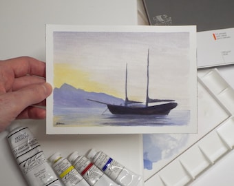 Original Schooner Painting: Nautical Sunrise Gouache Art (5x7 inch)
