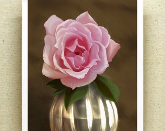 Rose in Glass Vase Print: Floral Still Life Art