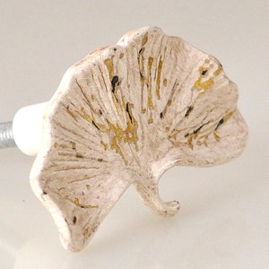 May include: A decorative cabinet knob with a distressed, off-white finish. The knob is shaped like a stylized animal head with gold and black accents. The knob is attached to a white base and a silver screw.