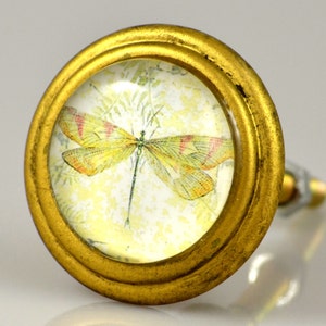 May include: A decorative cabinet knob with a gold-colored metal frame. The knob features a circular glass insert with a yellow and red dragonfly design against a pale yellow background. The knob is a decorative hardware item.
