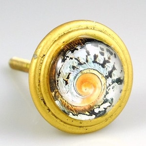 May include: A gold-toned cabinet knob with a circular design. The knob features a clear, domed center showcasing a spiral pattern in shades of white, orange, and black, set within a gold-colored frame. The knob has a cylindrical stem.