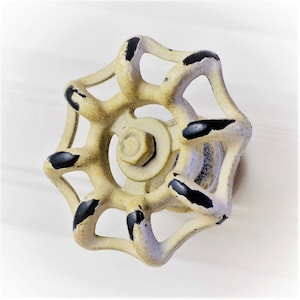 May include: A vintage-style water valve handle with a starburst design. The handle is painted in a distressed cream color with black accents, giving it a rustic appearance. The central bolt and surrounding hardware are visible.