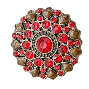 May include: A round, ornate brooch with a bronze-colored metal frame. The brooch is adorned with numerous red, round gemstones of varying sizes. The design includes leaf-shaped accents and a central, larger gemstone.