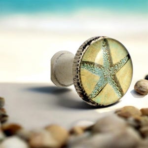 May include: A round cabinet knob featuring a light blue starfish graphic set against a beige background. The knob has a metallic, textured silver-toned rim and a smooth, rounded white base, providing a functional handle for furniture drawers.
