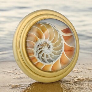May include: A circular decorative knob featuring a polished gold-toned metal frame surrounding a central inlay of a nautilus shell. The shell displays a natural spiral pattern with shades of cream, tan, and soft orange, protected by a clear cover.