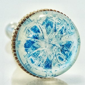 May include: A decorative cabinet knob with a clear, round glass top featuring a blue and white floral design. The knob has a textured, light brown border and a silver-colored stem. The design is reminiscent of a snowflake.