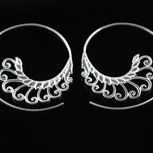 Silver Plated Brass Spiral Earrings, Lightweight Hoop Earrings for Regular Pierced Ears, Ornate Ethnic Design