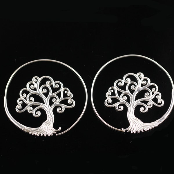 Silver Plated Brass Tree Of Life Spiral Earrings, Lightweight Boho Hoop Earrings for Regular Pierced Ears, Ornate Boho Design