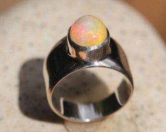 Bright Ethiopian Fire Opal Ring, Size 7, Wide Band Ring, Sterling Silver Setting, Solid Opal Ring,  Welo Opal