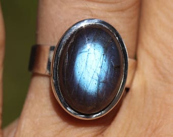 Size 9.25 Deep Blue Labradorite Ring Bezel Set In Solid Sterling Silver, Top Quality Labradorite, Semi Precious Gemstone