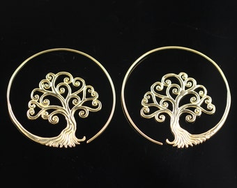 Brass Tree Of Life Earrings, Lightweight Boho Hoop Earrings For Regular Pierced Ears, Spiral Design