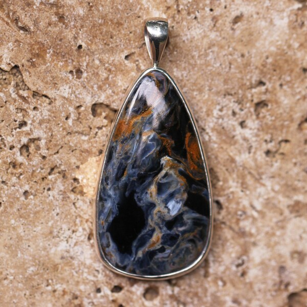 Stormy Blue Peitersite Pendant Bezel Set in Fine Sterling Silver, Gemstone Jewelry, High Quality Semi-Precious Natural Stones A6