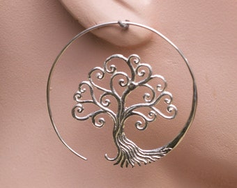Tree Of Life Earrings, Solid Sterling Silver, Lightweight Boho Hoop Earrings For Regular Pierced Ears, Spiral Design, Hypoallergenic