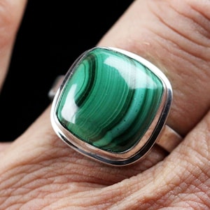 Malachite Ring, Size 11, Handmade Double Bezel Setting, Square Cushion Cabochon Cut, Solitaire Statement, Green Stripe Pattern, Unisex