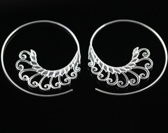 Silver Plated Brass Spiral Earrings, Lightweight Hoop Earrings for Regular Pierced Ears, Ornate Ethnic Design