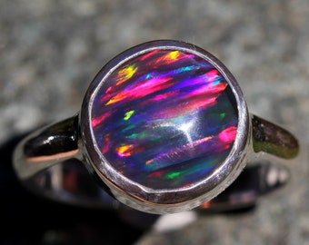 Round Red Gilson Opal Ring, Low Profile Fit, Solid Sterling Silver Setting, Top Quality Synthesized Opal, October Birthstone