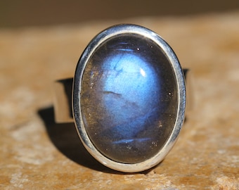 Size 5.5 Deep Blue Labradorite Ring Bezel Set In Solid Sterling Silver, Top Quality Labradorite, Semi Precious Gemstone